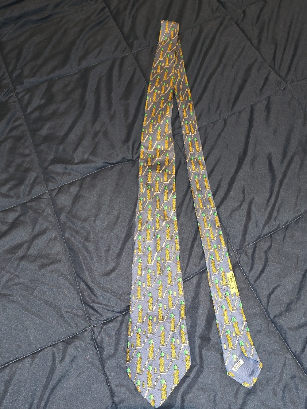 Hermès Blue Tie with Yellow Figures and Green Accents